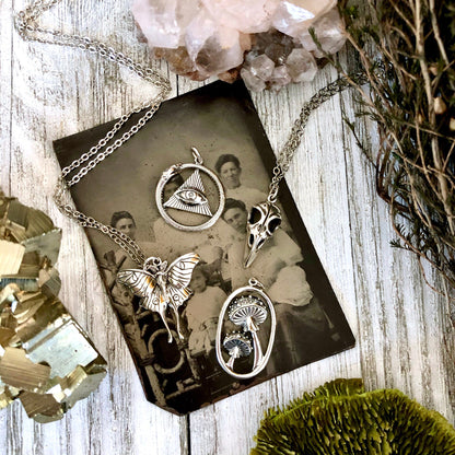 Tiny Talisman Collection - Silver Mushroom with Bronze Star and Moon Necklace 26x15mm  /.