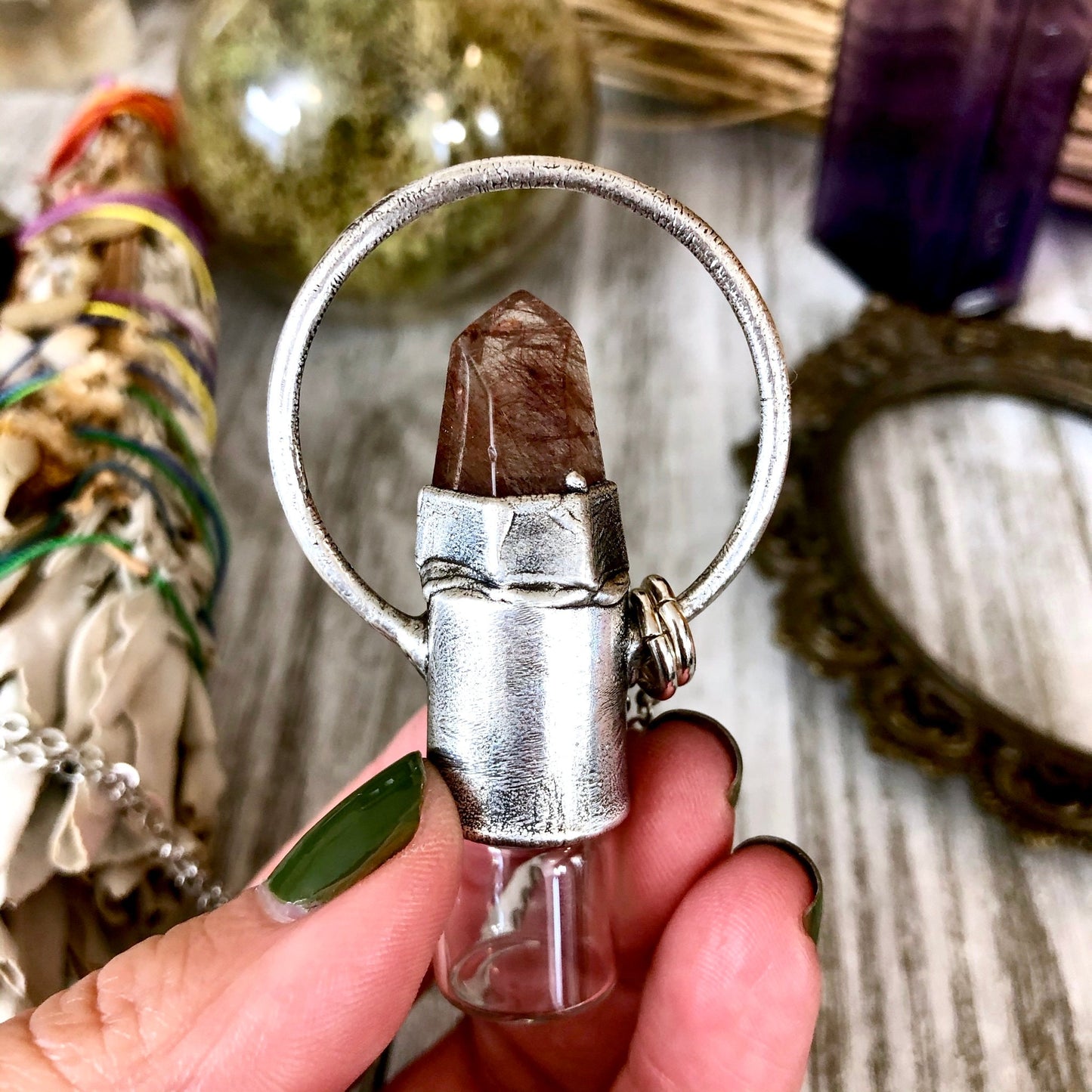 Rutilated Quartz Crystal Essential Oil Rollerball Necklace Pendant in Silver / Foxlark Collection - One of a Kind.