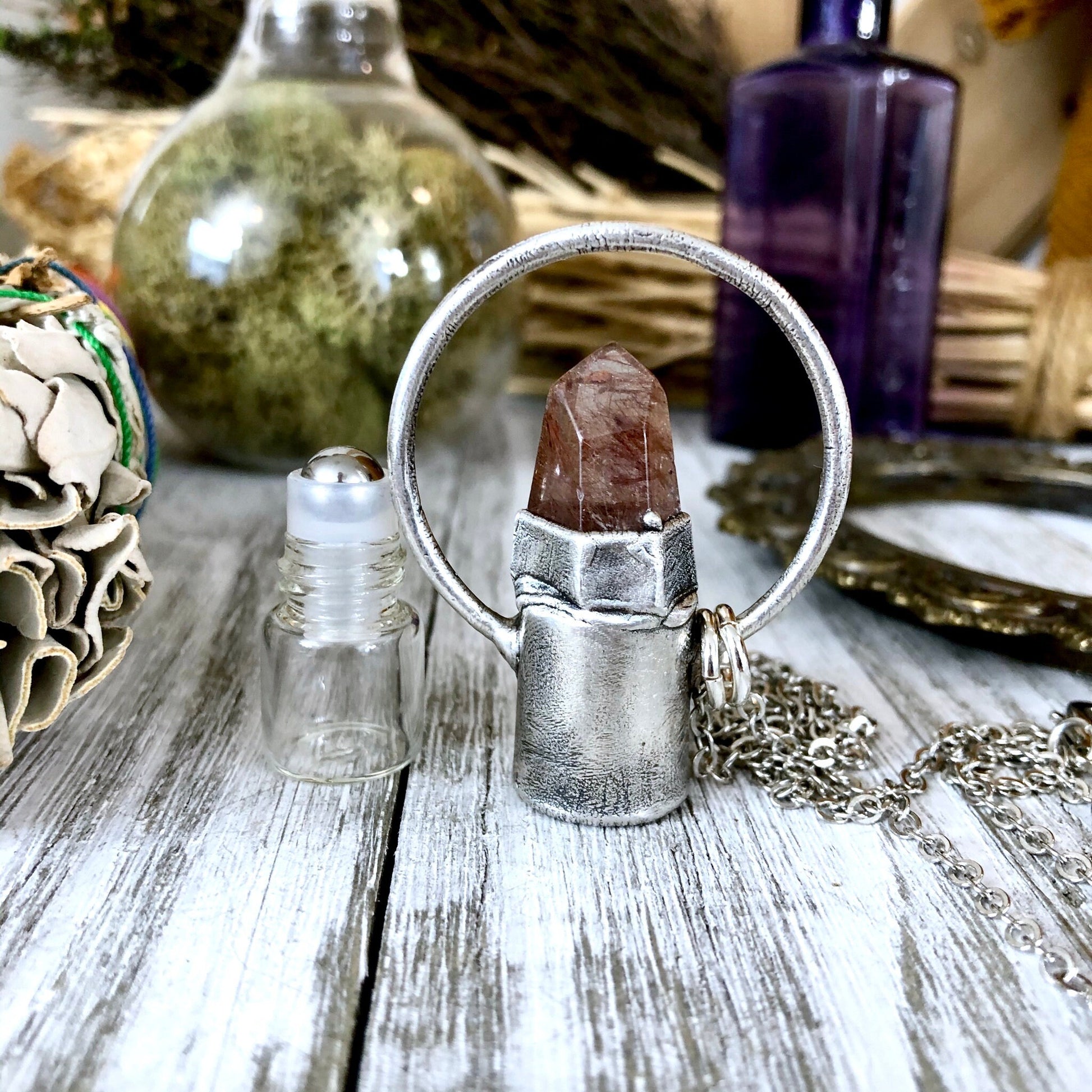 Rutilated Quartz Crystal Essential Oil Rollerball Necklace Pendant in Silver / Foxlark Collection - One of a Kind.