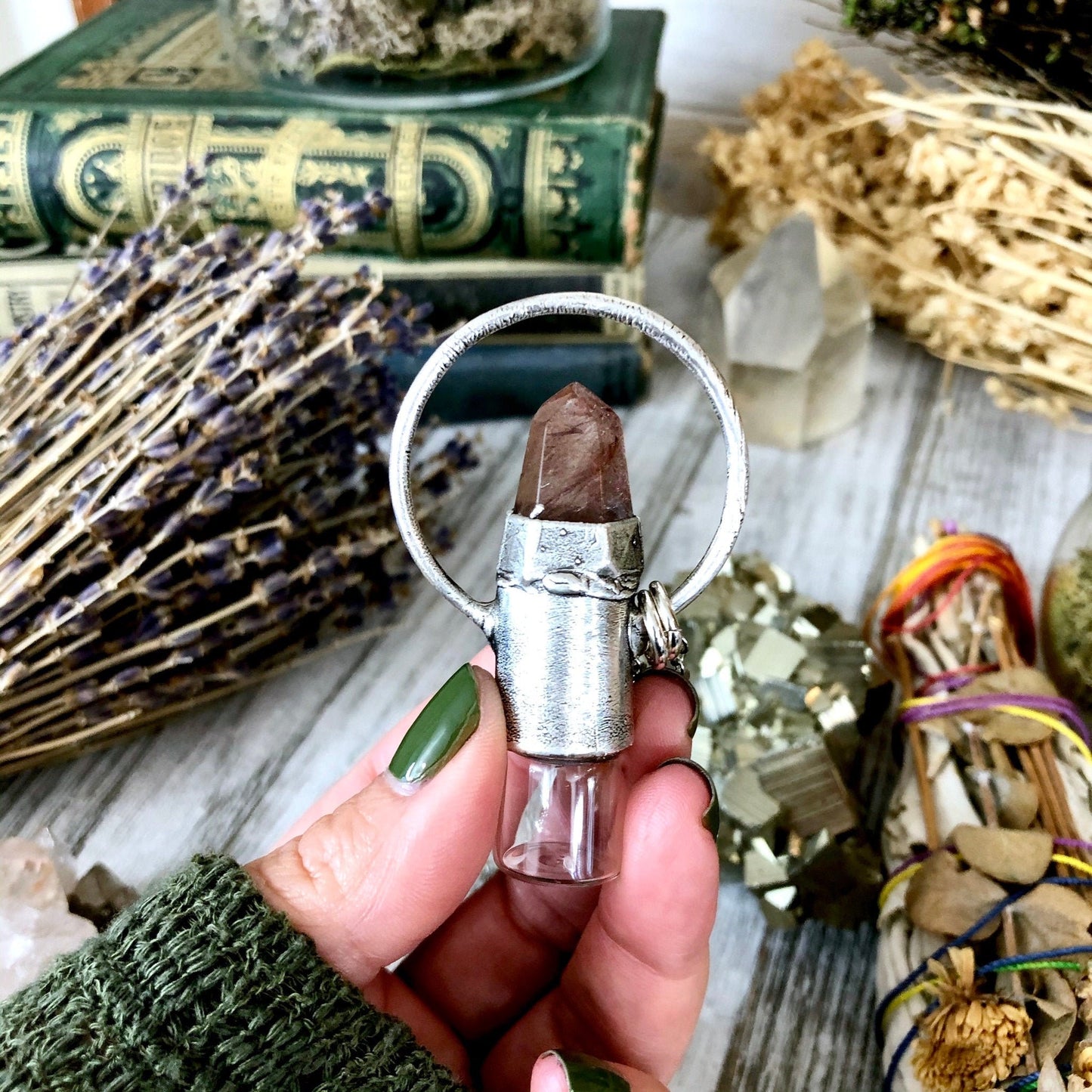 Rutilated Quartz Crystal Essential Oil Rollerball Necklace Pendant in Silver / Foxlark Collection - One of a Kind.