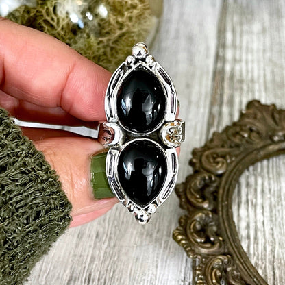 Mystic Moons Black Onyx Crystal Ring in Solid Sterling Silver- Designed by FOXLARK Collection Size 6 7 8 9 10 / Gothic Jewelry.