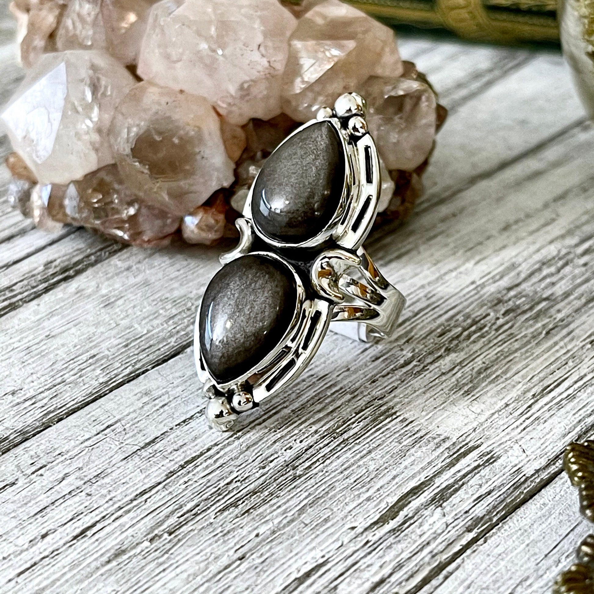 Mystic Moons Silver Sheen Obsidian Crystal Ring in Solid Sterling Silver- Designed by FOXLARK Collection Size 5 6 7 8 9 10 11 Adjustable.