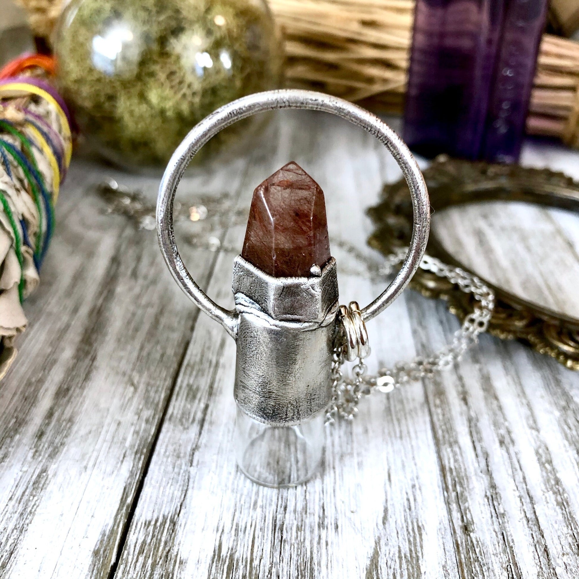 Rutilated Quartz Crystal Essential Oil Rollerball Necklace Pendant in Silver / Foxlark Collection - One of a Kind.