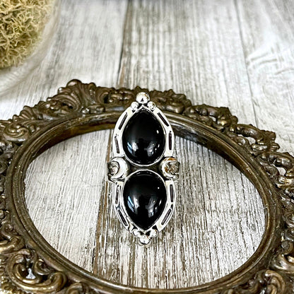 Mystic Moons Black Onyx Crystal Ring in Solid Sterling Silver- Designed by FOXLARK Collection Size 6 7 8 9 10 / Gothic Jewelry.