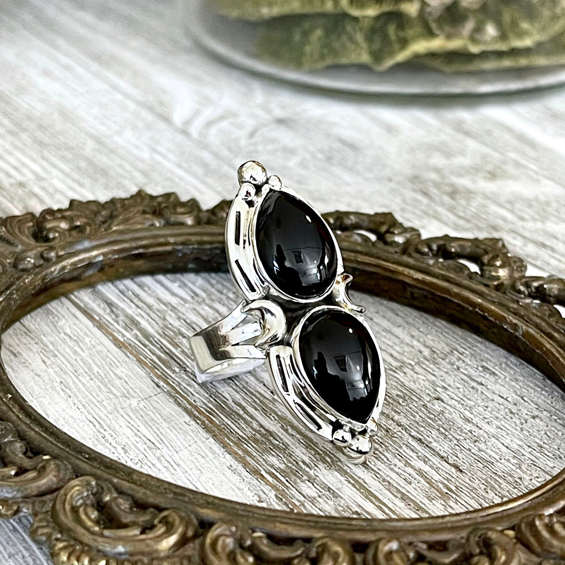 Mystic Moons Black Onyx Crystal Ring in Solid Sterling Silver- Designed by FOXLARK Collection Size 6 7 8 9 10 / Gothic Jewelry.