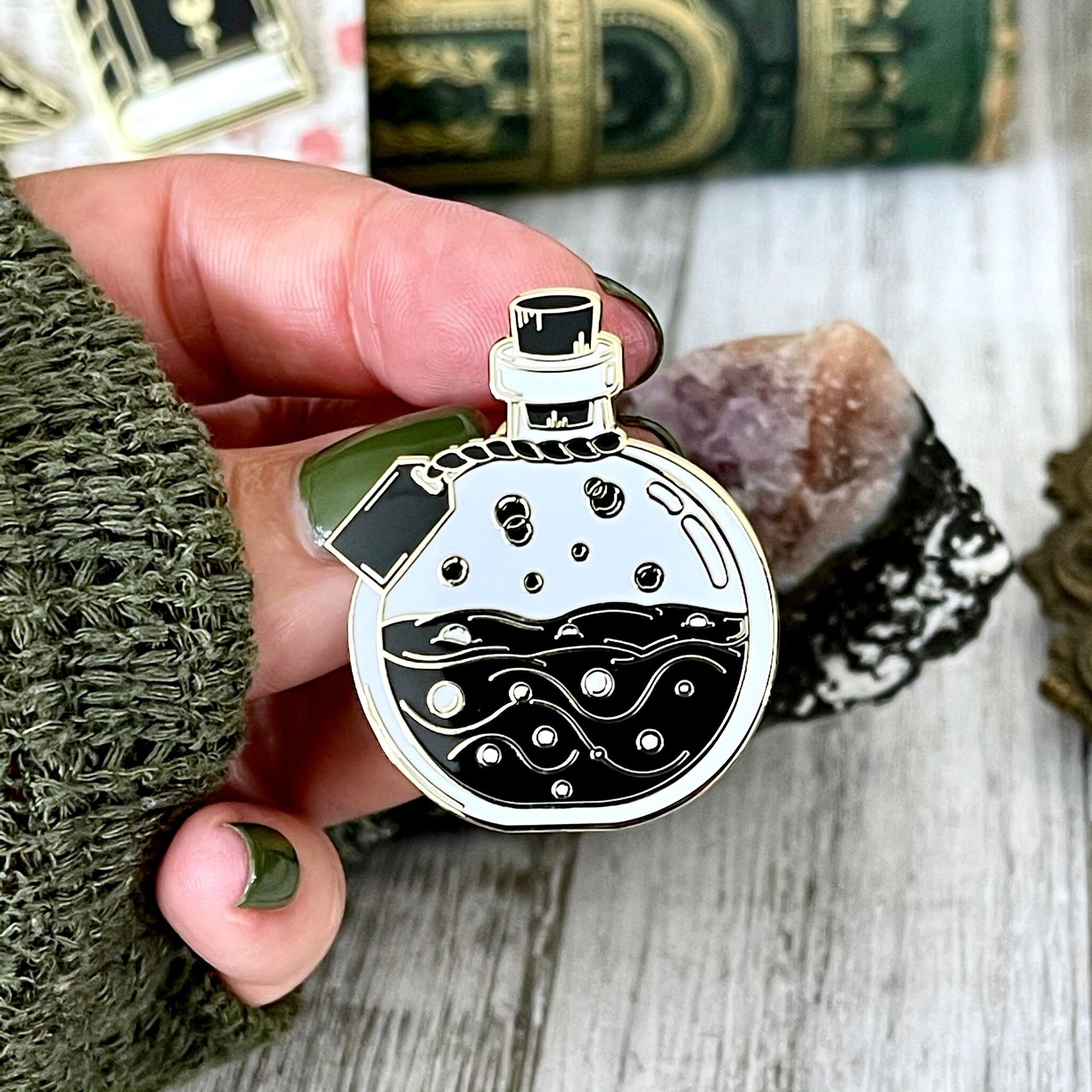 Witchy Pin Set  - Set Of 3 Witchy Enamel Pins- Mushroom Pin, Potion Bottle Pin, Witch Pin , Book Pin.