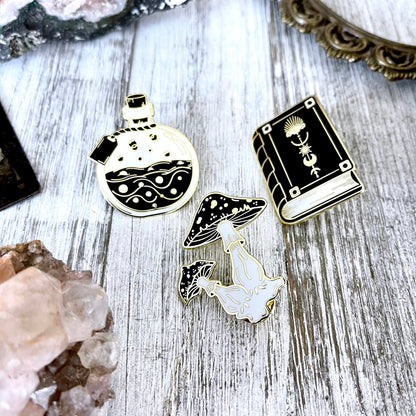 Witchy Pin Set  - Set Of 3 Witchy Enamel Pins- Mushroom Pin, Potion Bottle Pin, Witch Pin , Book Pin.