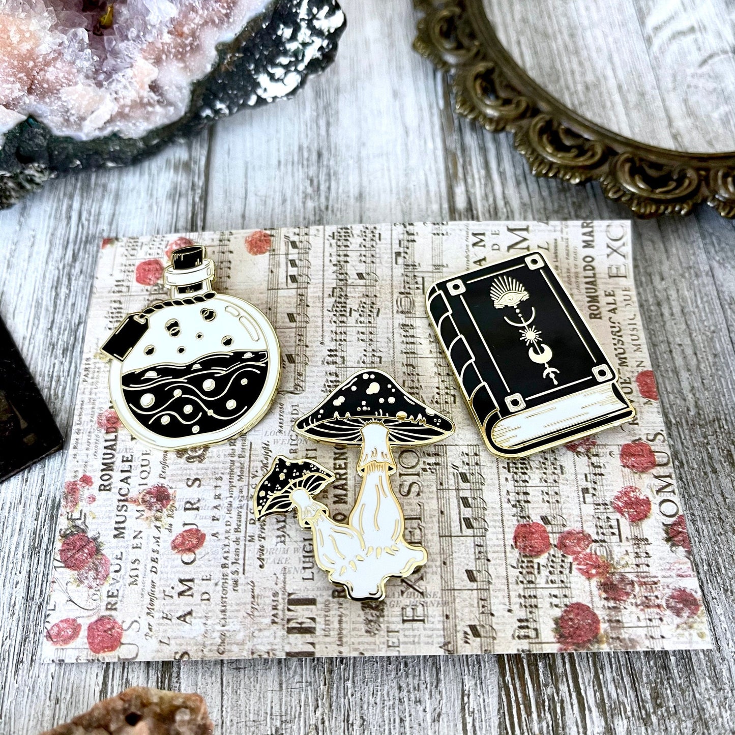 Witchy Pin Set  - Set Of 3 Witchy Enamel Pins- Mushroom Pin, Potion Bottle Pin, Witch Pin , Book Pin.