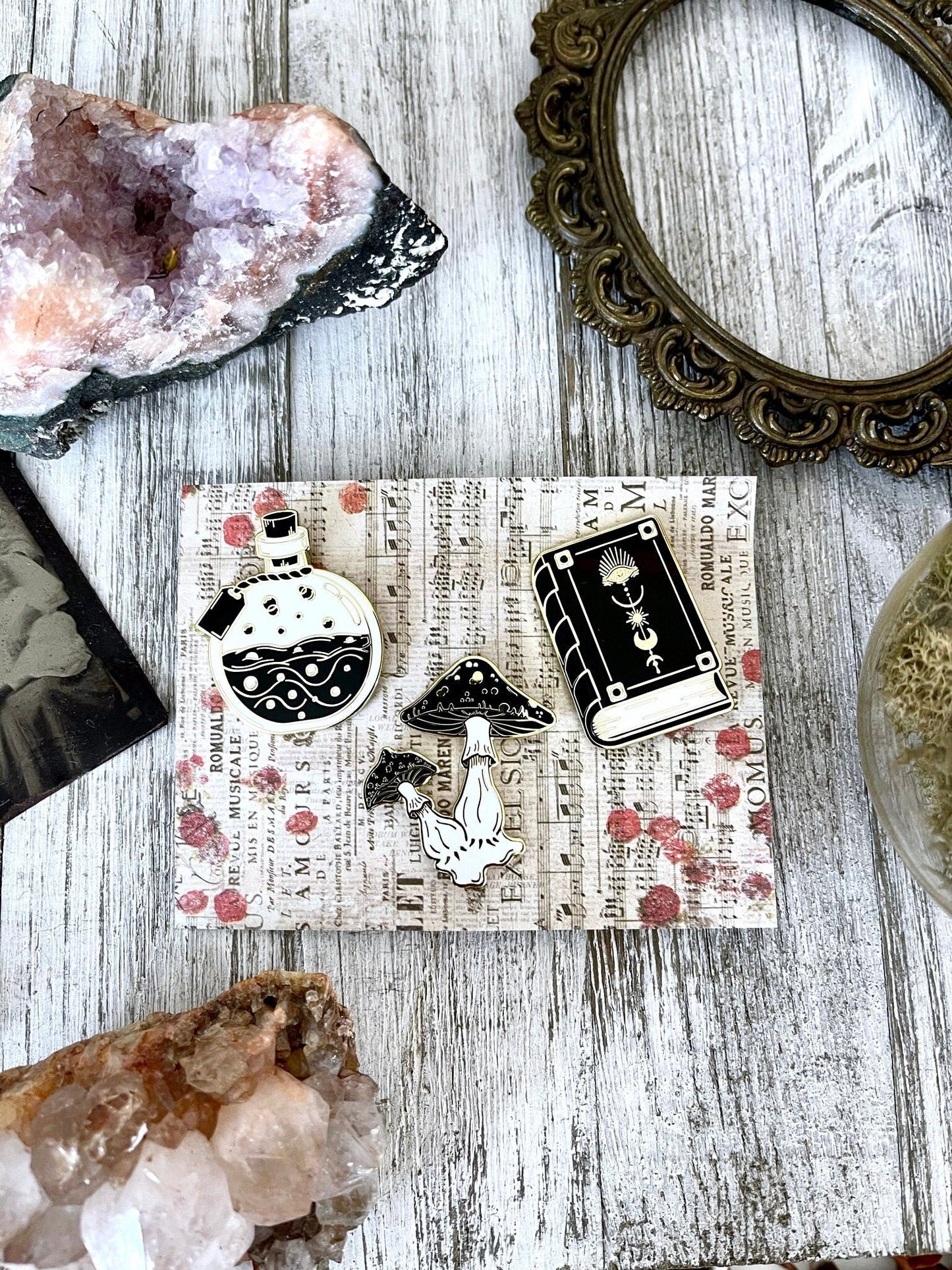 Witchy Pin Set  - Set Of 3 Witchy Enamel Pins- Mushroom Pin, Potion Bottle Pin, Witch Pin , Book Pin.