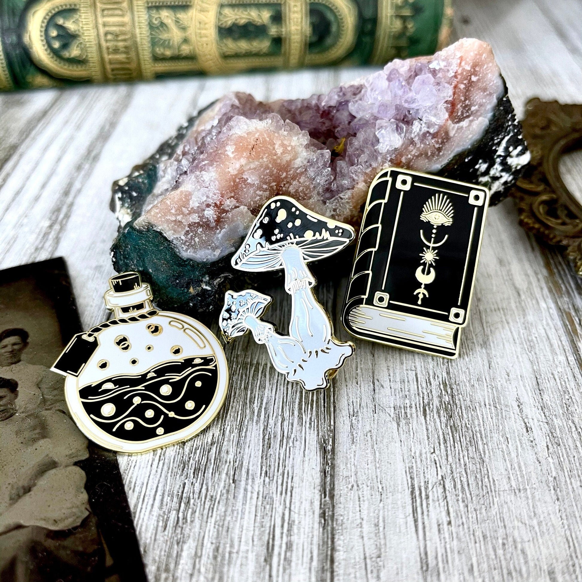 Witchy Pin Set  - Set Of 3 Witchy Enamel Pins- Mushroom Pin, Potion Bottle Pin, Witch Pin , Book Pin.