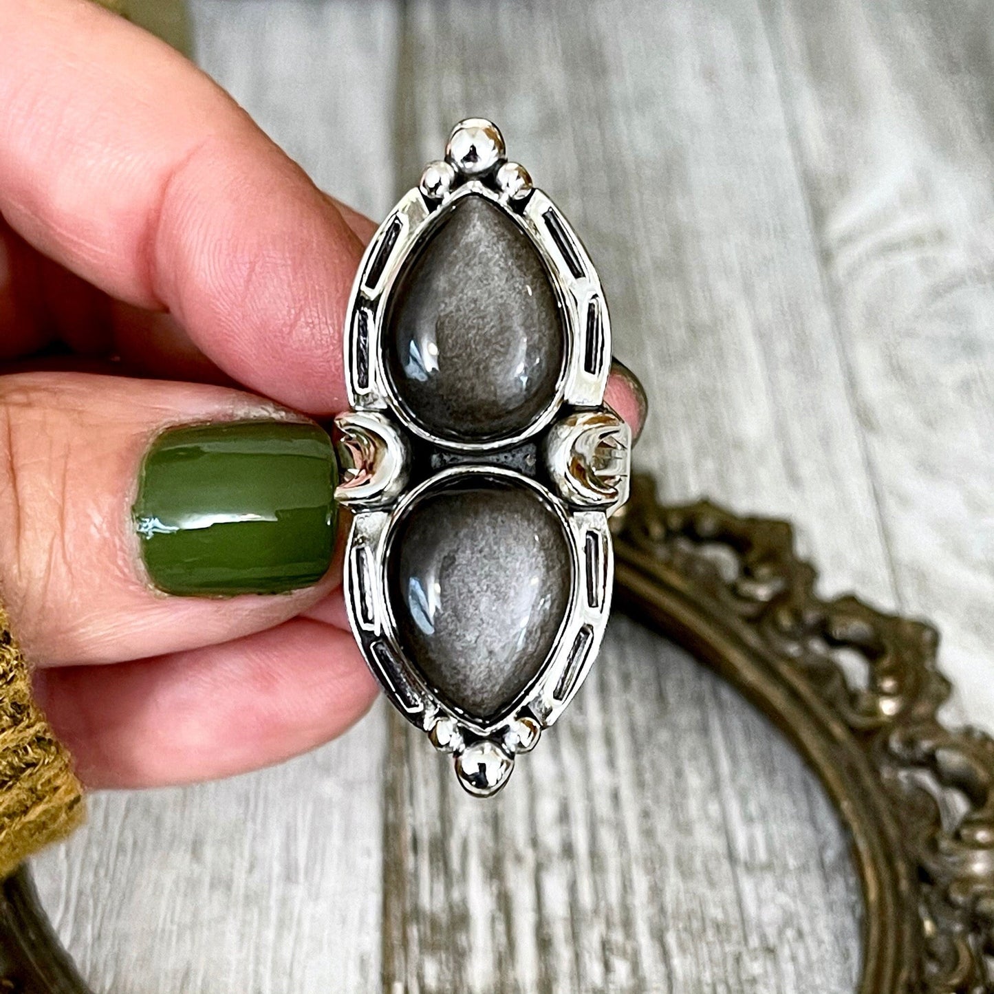Mystic Moons Silver Sheen Obsidian Crystal Ring in Solid Sterling Silver- Designed by FOXLARK Collection Size 5 6 7 8 9 10 11 Adjustable.