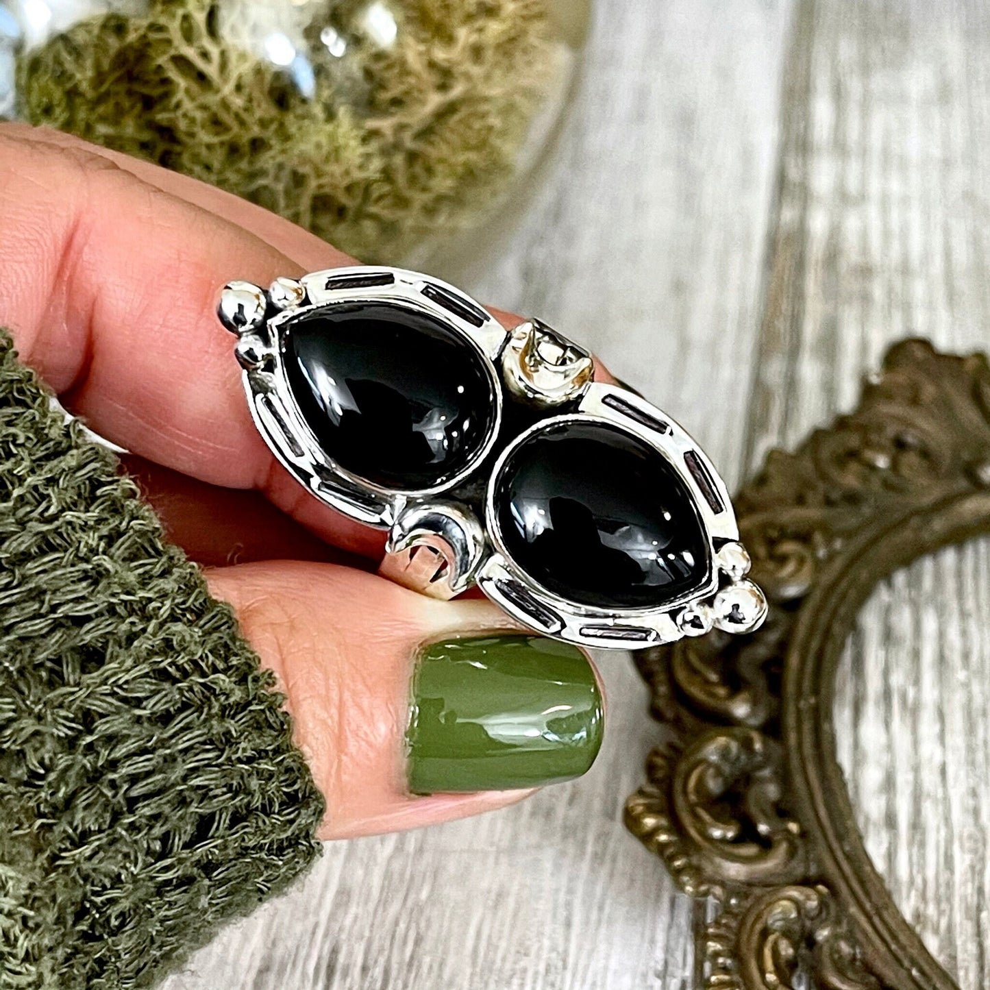 Mystic Moons Black Onyx Crystal Ring in Solid Sterling Silver- Designed by FOXLARK Collection Size 6 7 8 9 10 / Gothic Jewelry.