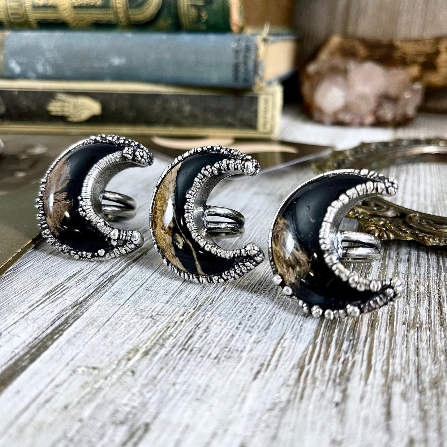 Crescent Moon Fossilized Palm Root Ring in Silver Size 5 6 7 8 9 10 /.