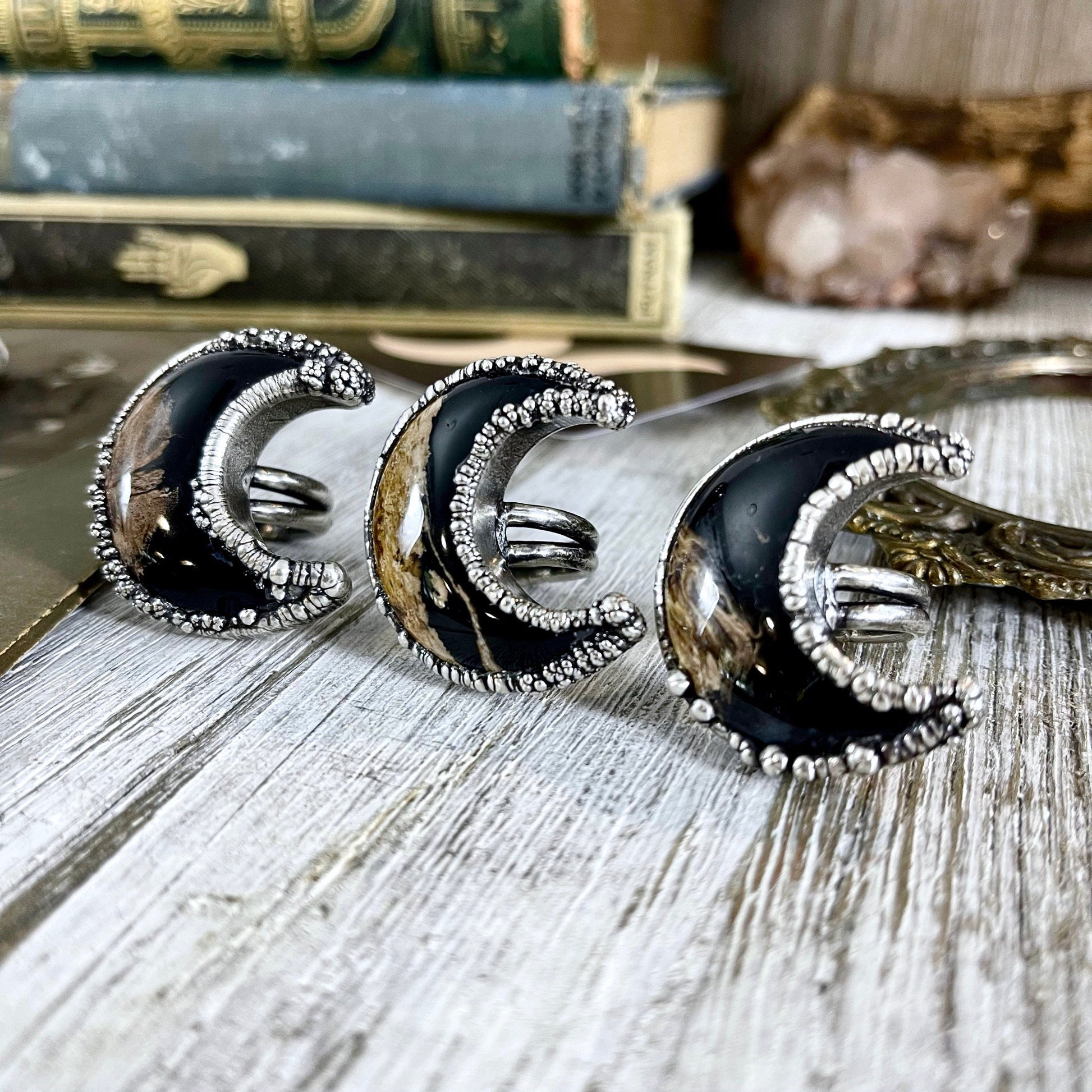 Crescent Moon Fossilized Palm Root Ring in Silver Size 5 6 7 8 9 10 /.