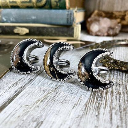 Crescent Moon Fossilized Palm Root Ring in Silver Size 5 6 7 8 9 10 /.
