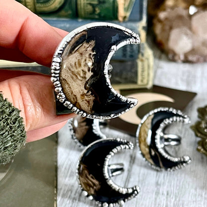 Crescent Moon Fossilized Palm Root Ring in Silver Size 5 6 7 8 9 10 /.