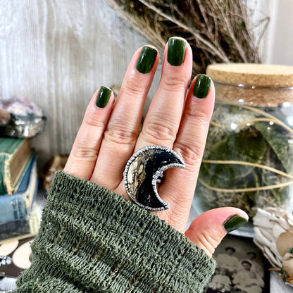 Crescent Moon Fossilized Palm Root Ring in Silver Size 5 6 7 8 9 10 /.