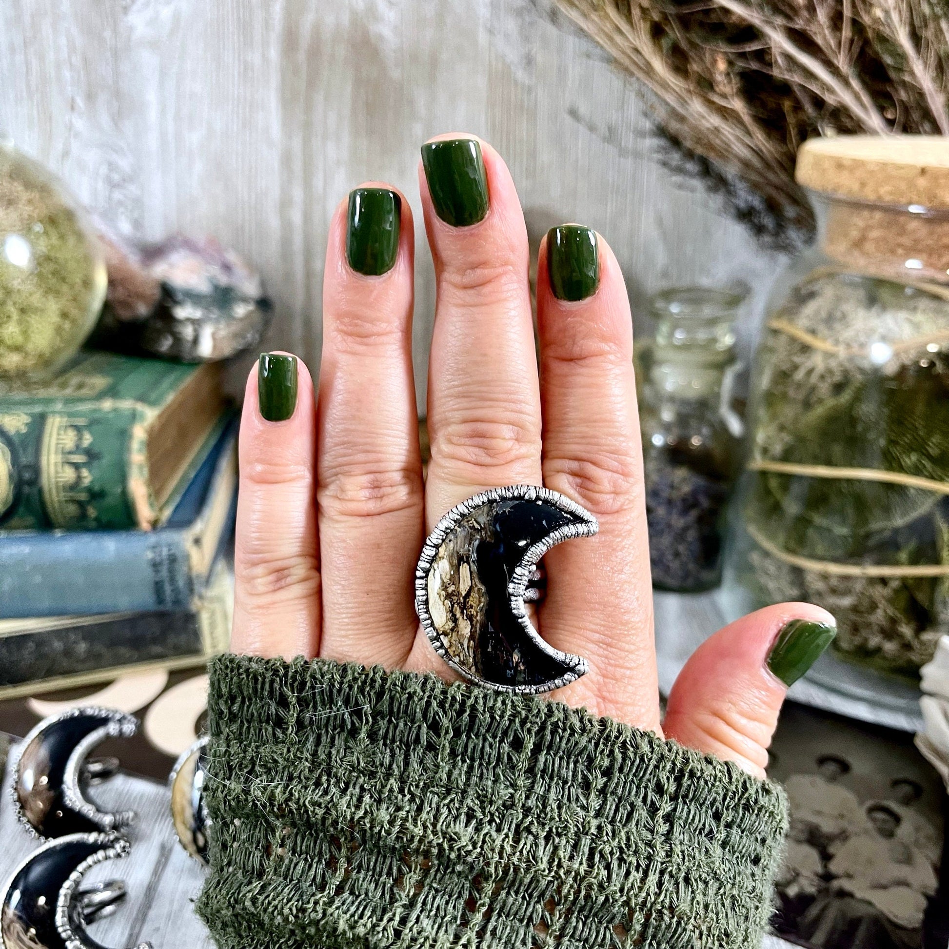 Crescent Moon Fossilized Palm Root Ring in Silver Size 5 6 7 8 9 10 /.