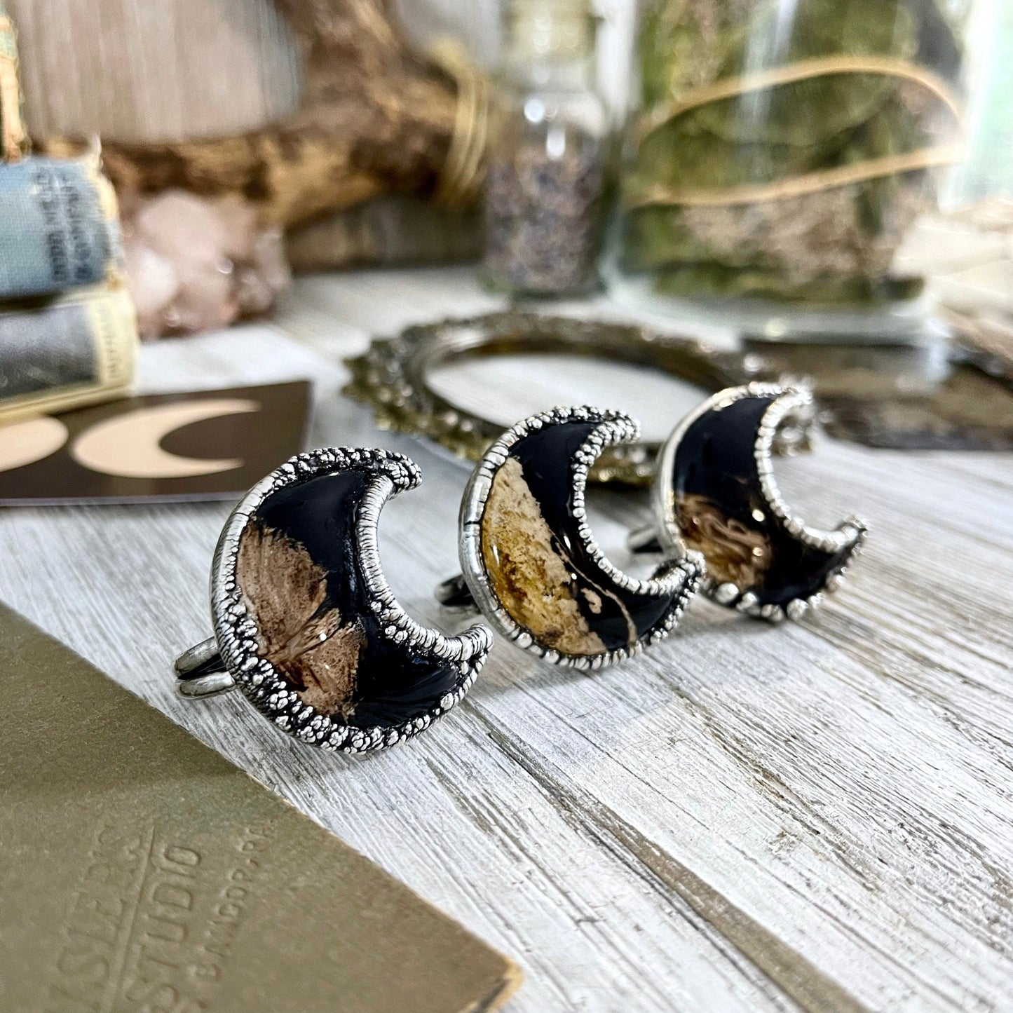 Crescent Moon Fossilized Palm Root Ring in Silver Size 5 6 7 8 9 10 /.