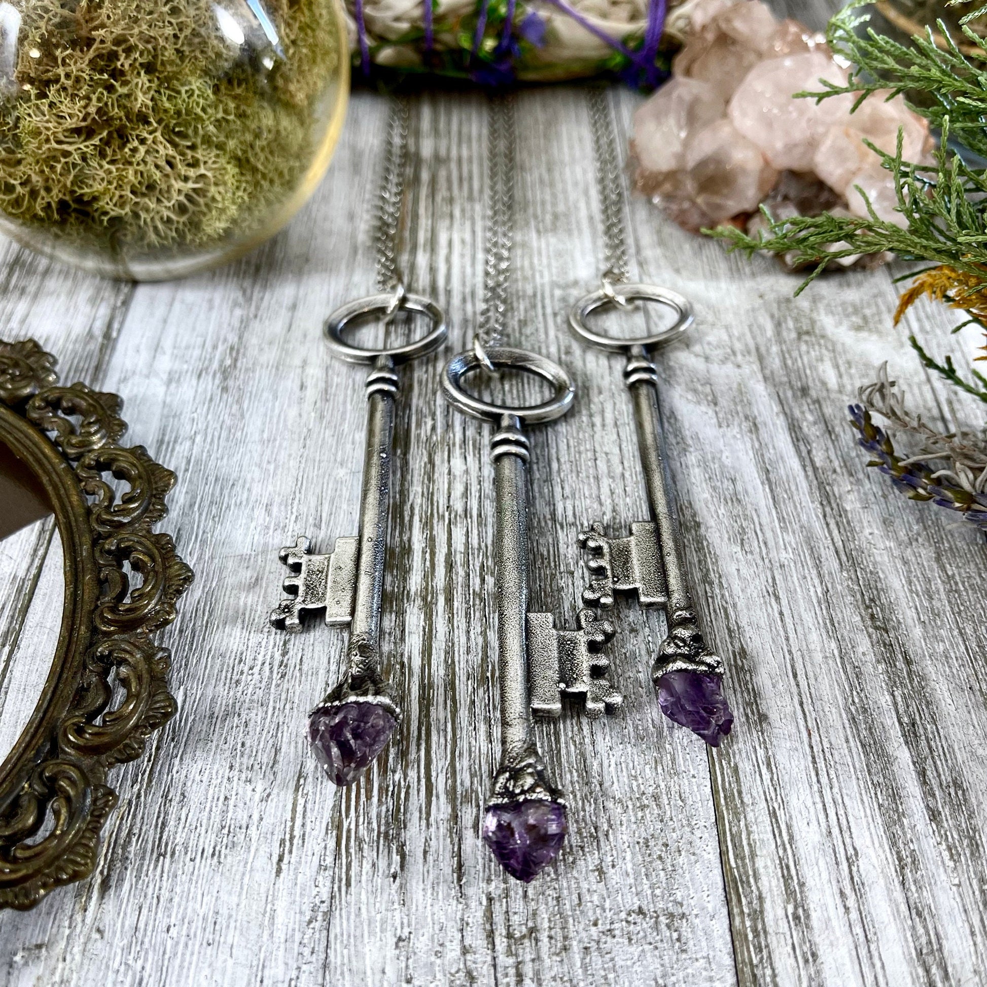 Raw Amethyst Crystal Vintage Skeleton Key Necklace Pendant in Fine Silver  / Foxlark Collection - One of a Kind.