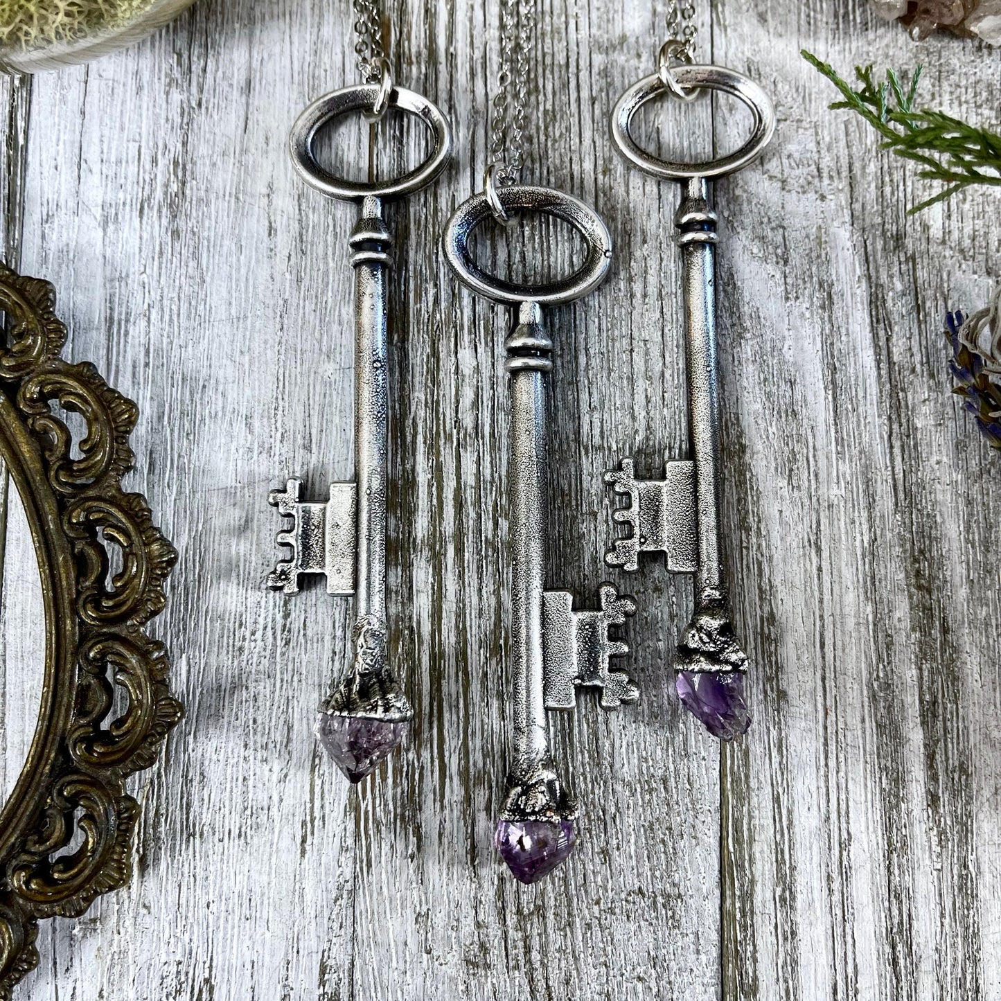 Raw Amethyst Crystal Vintage Skeleton Key Necklace Pendant in Fine Silver  / Foxlark Collection - One of a Kind.