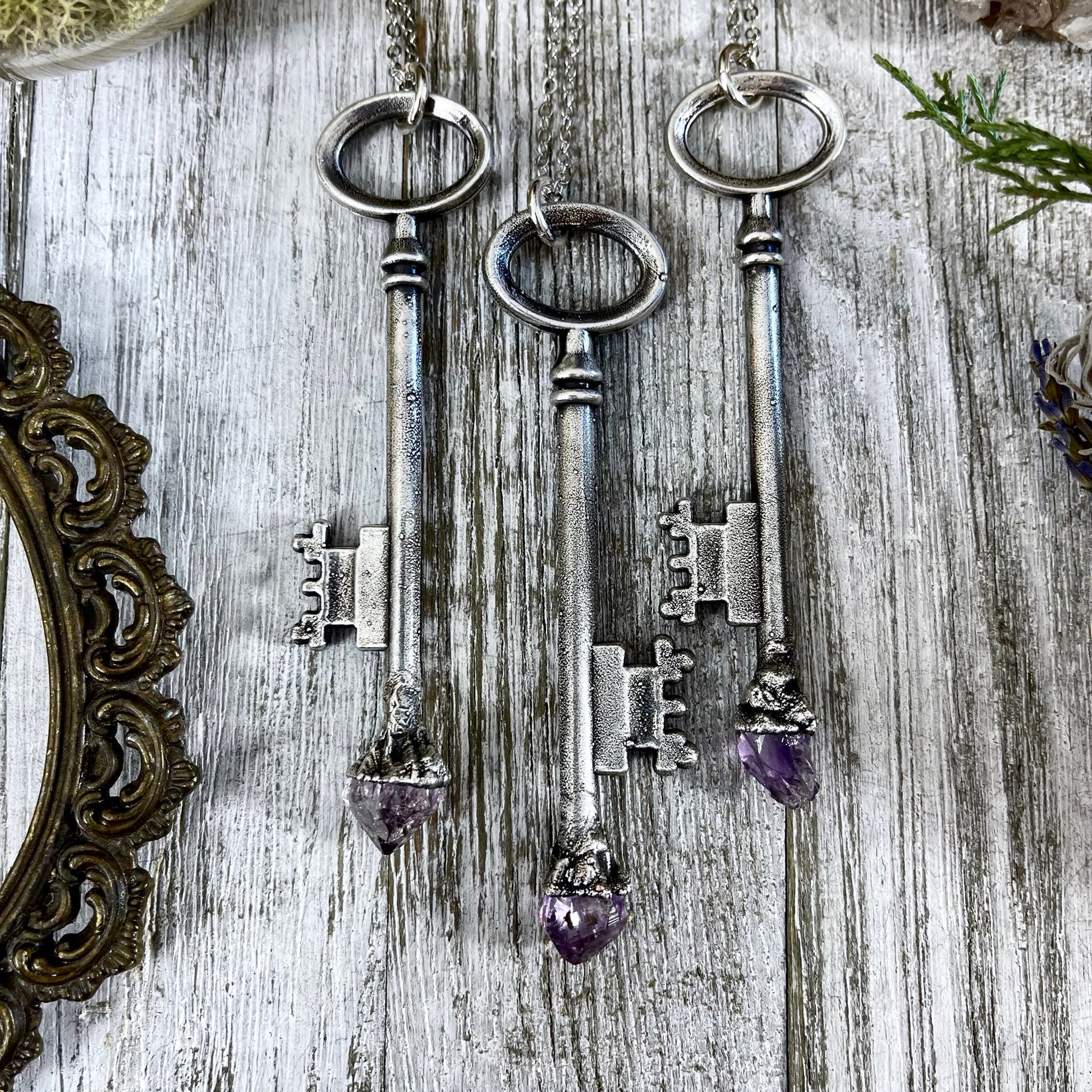 Raw Amethyst Crystal Vintage Skeleton Key Necklace Pendant in Fine Silver  / Foxlark Collection - One of a Kind.