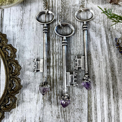 Raw Amethyst Crystal Vintage Skeleton Key Necklace Pendant in Fine Silver  / Foxlark Collection - One of a Kind.