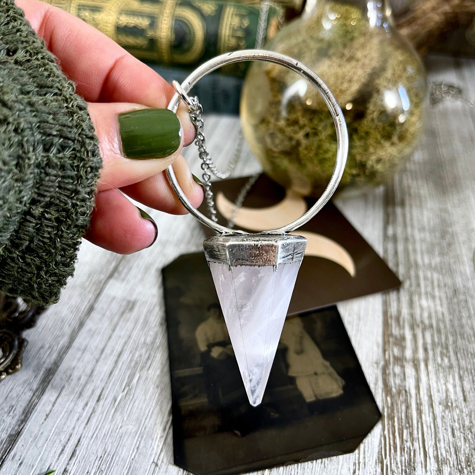 Rose Quartz Crystal Pendulum Necklace Pendant in Fine Silver  / Foxlark Collection.