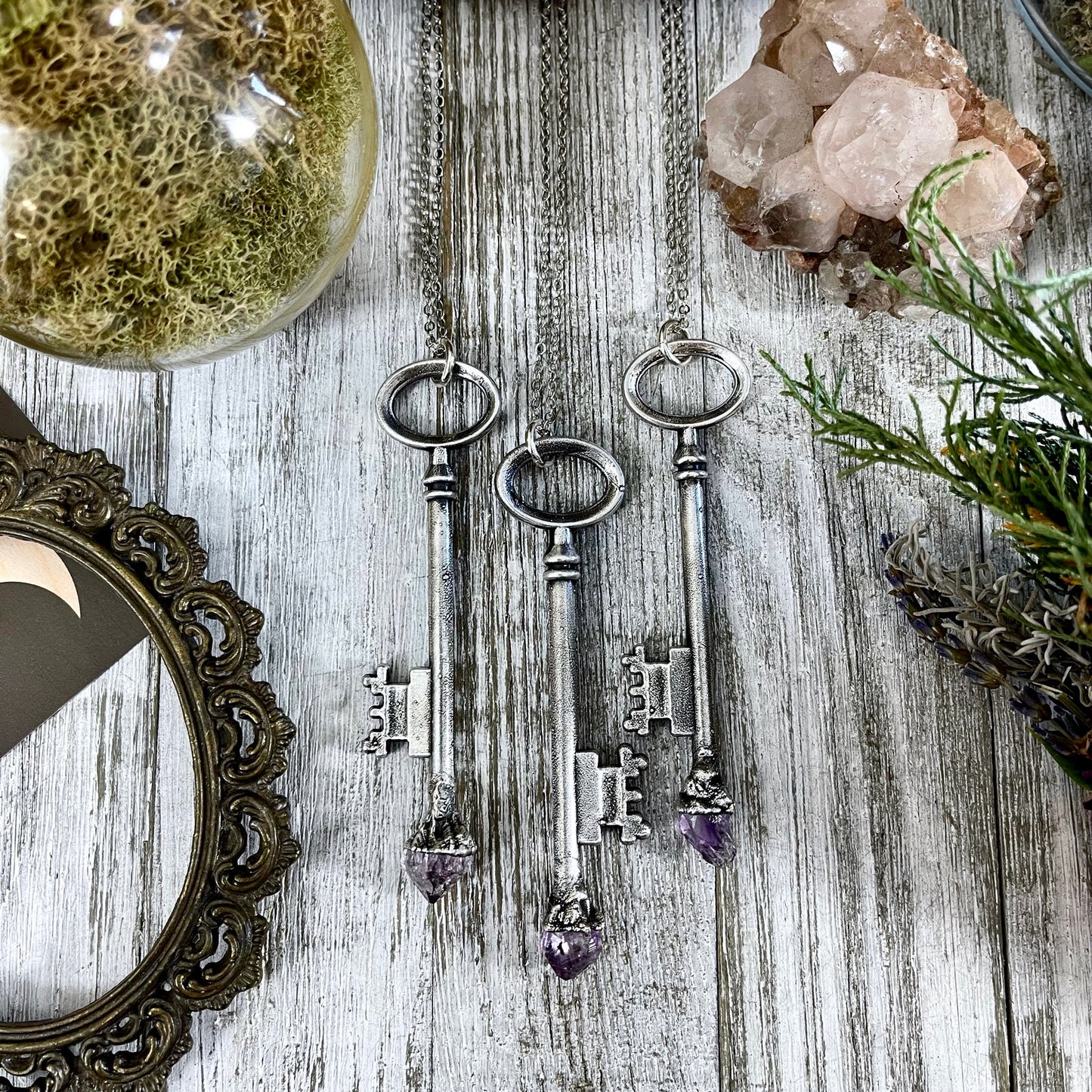 Raw Amethyst Crystal Vintage Skeleton Key Necklace Pendant in Fine Silver  / Foxlark Collection - One of a Kind.