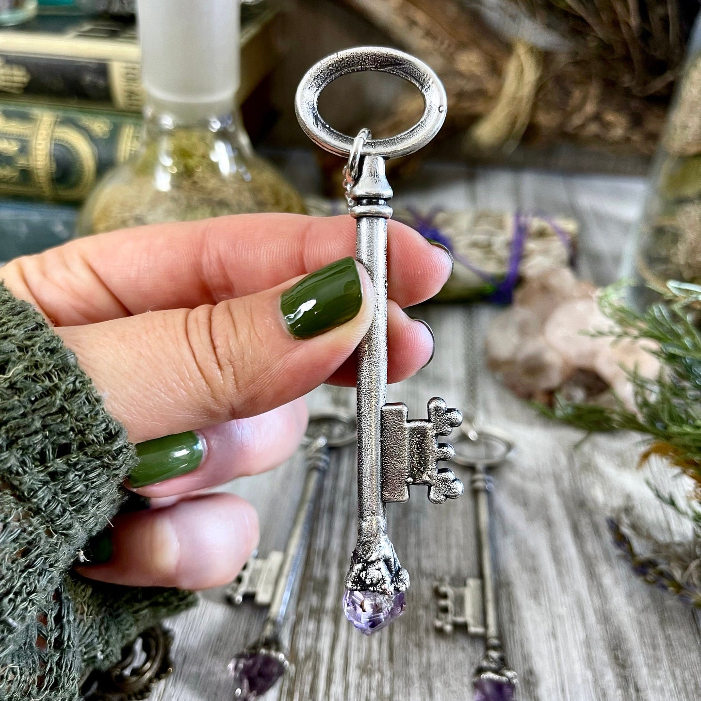 Raw Amethyst Crystal Vintage Skeleton Key Necklace Pendant in Fine Silver  / Foxlark Collection - One of a Kind.