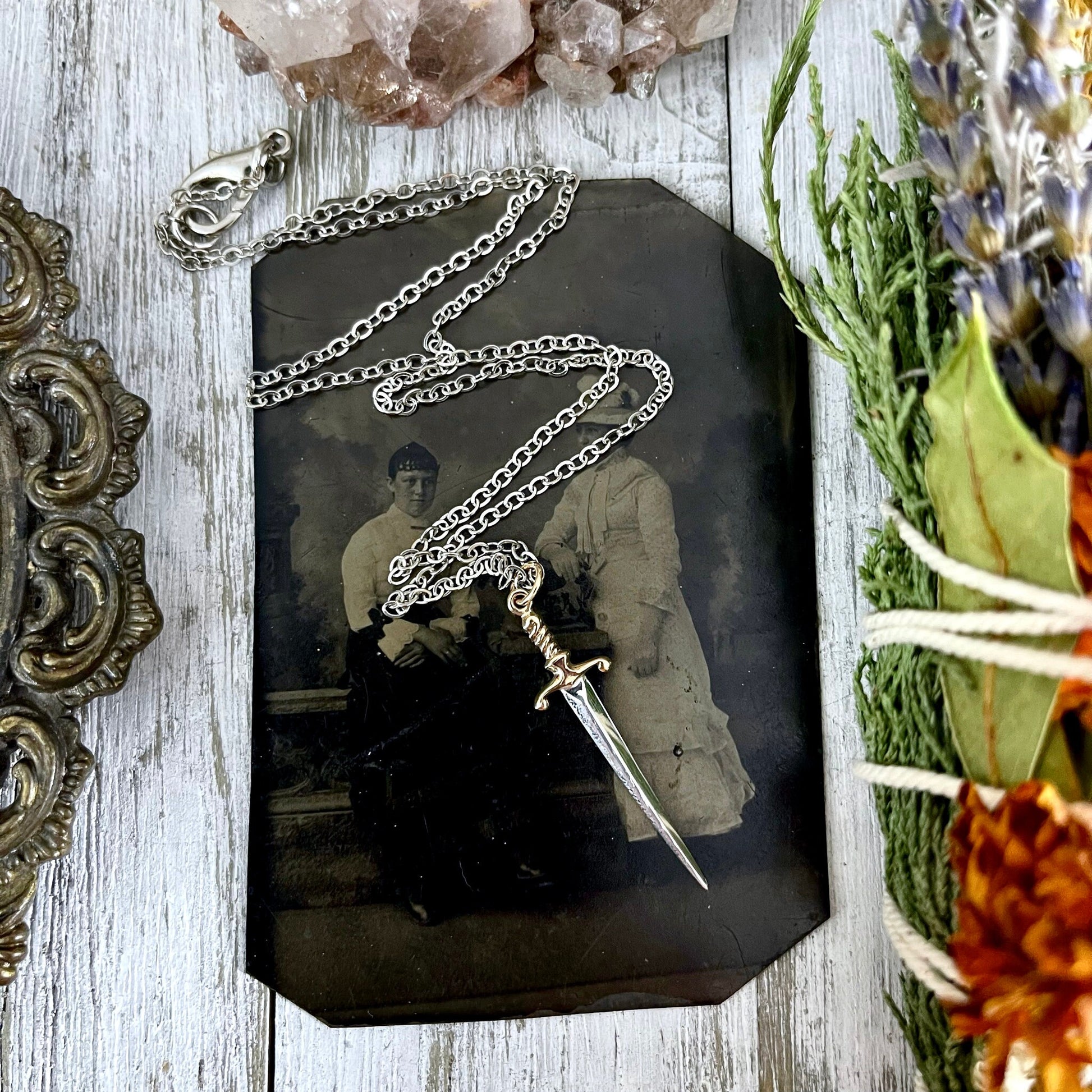 Tiny Talisman Collection - Sterling Silver Sword or Dagger Pendant with Bronze Handle 41x10mm /.