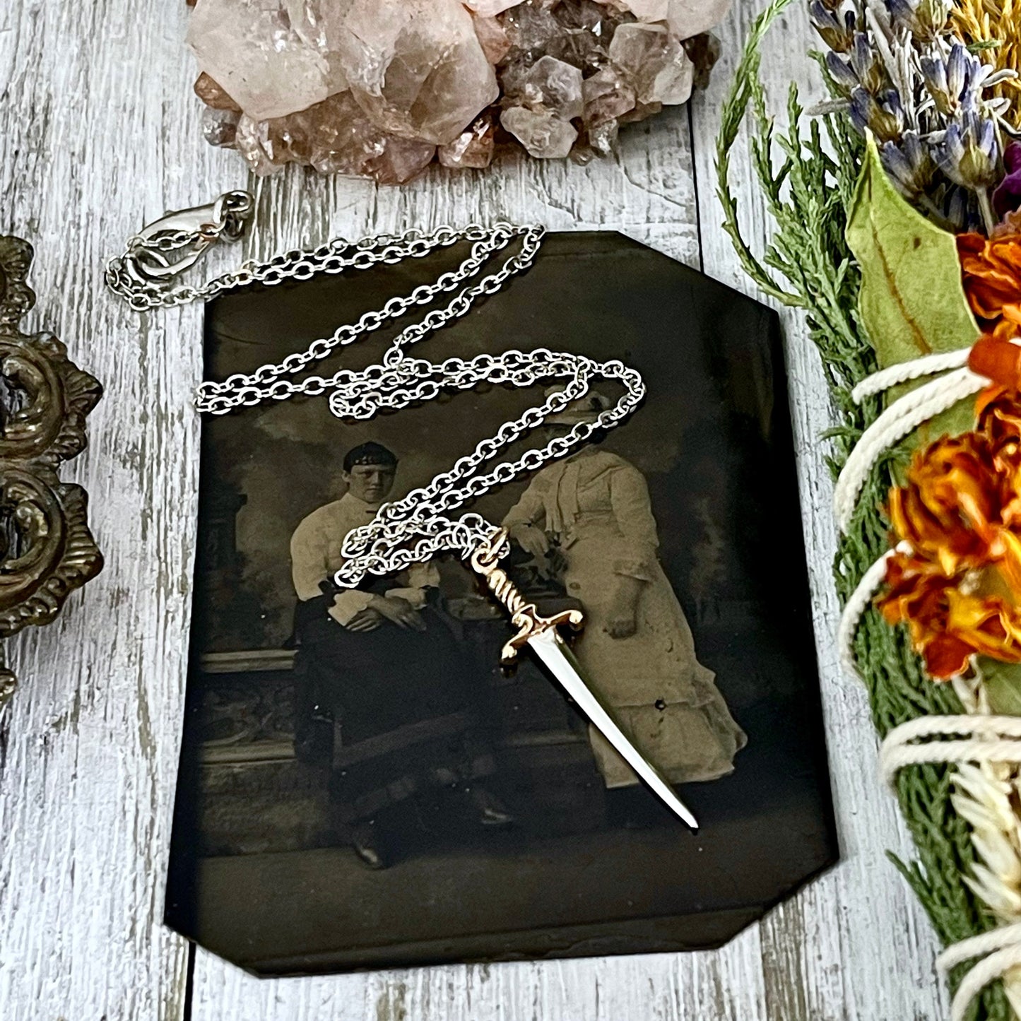 Tiny Talisman Collection - Sterling Silver Sword or Dagger Pendant with Bronze Handle 41x10mm /.