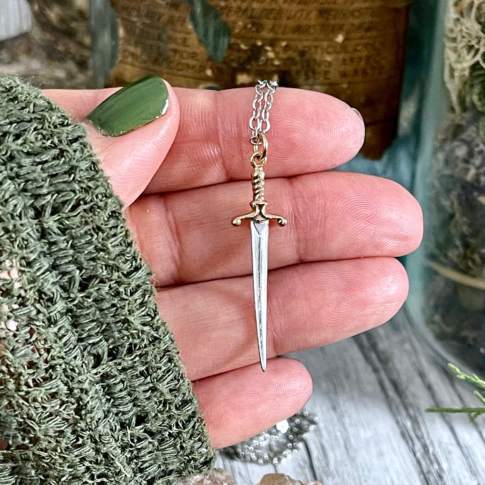 Tiny Talisman Collection - Sterling Silver Sword or Dagger Pendant with Bronze Handle 41x10mm /.