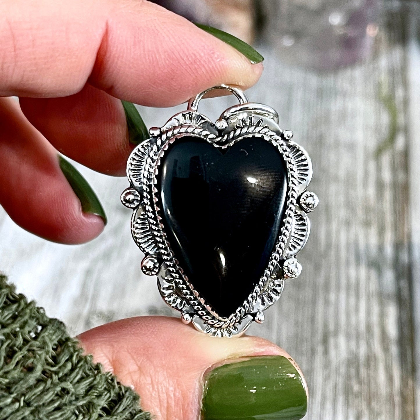 Black Onyx Crystal Heart Necklace in Sterling Silver  -Designed by FOXLARK Collection / Witchy Necklace Goth Jewelry.