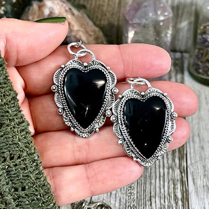 Black Onyx Crystal Heart Necklace in Sterling Silver  -Designed by FOXLARK Collection / Witchy Necklace Goth Jewelry.