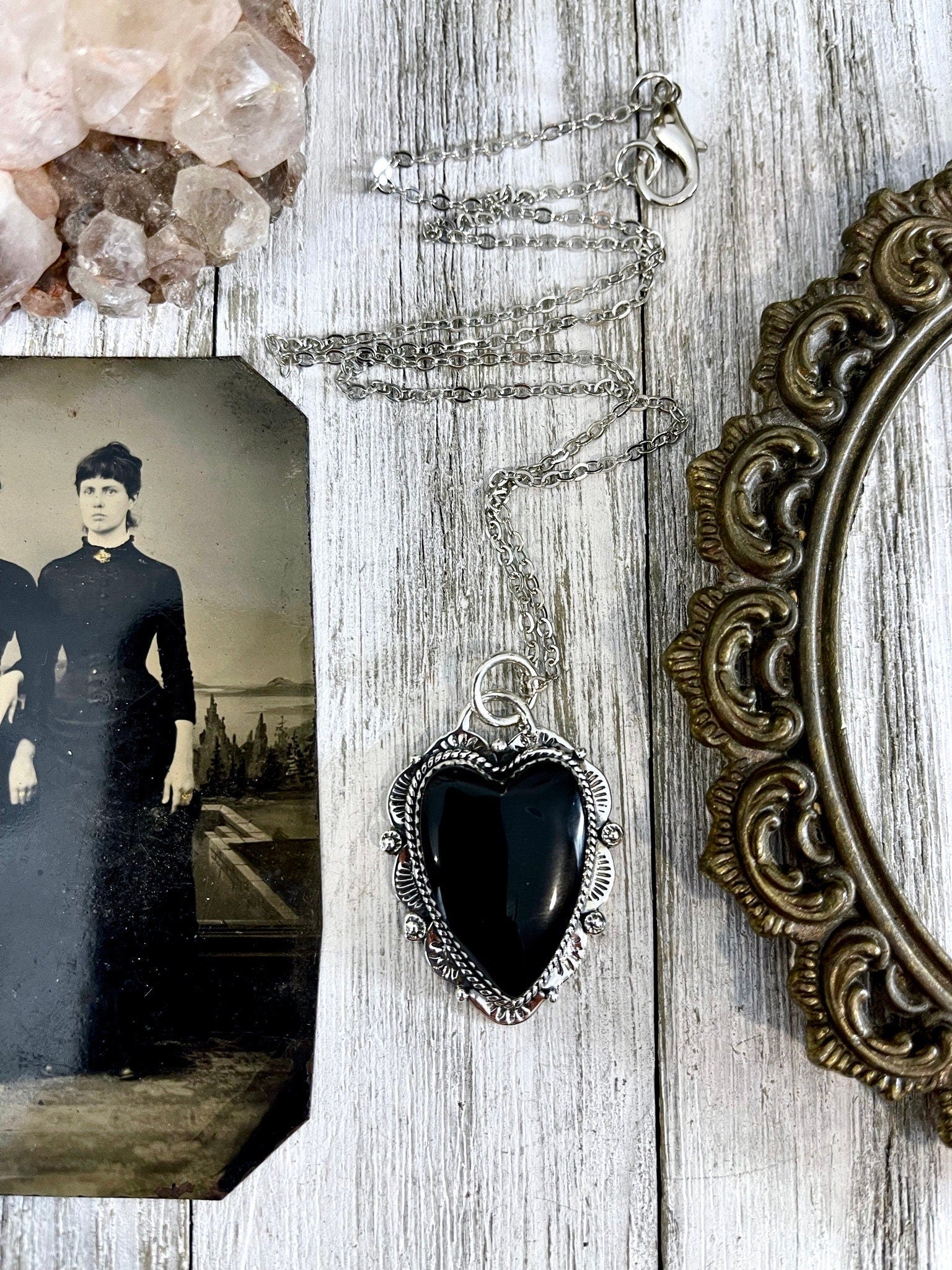 Black Onyx Crystal Heart Necklace in Sterling Silver  -Designed by FOXLARK Collection / Witchy Necklace Goth Jewelry.