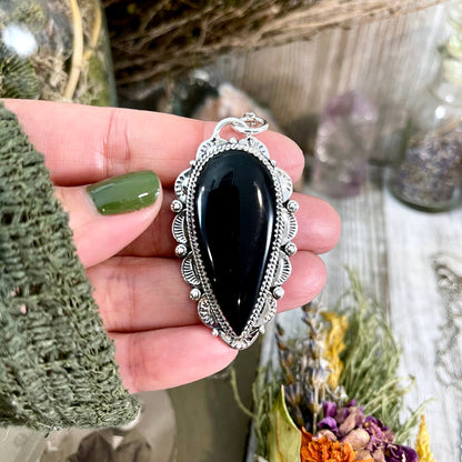 Black Onyx Crystal Teardrop Necklace in Sterling Silver  -Designed by FOXLARK Collection / Witchy Necklace Goth Jewelry.