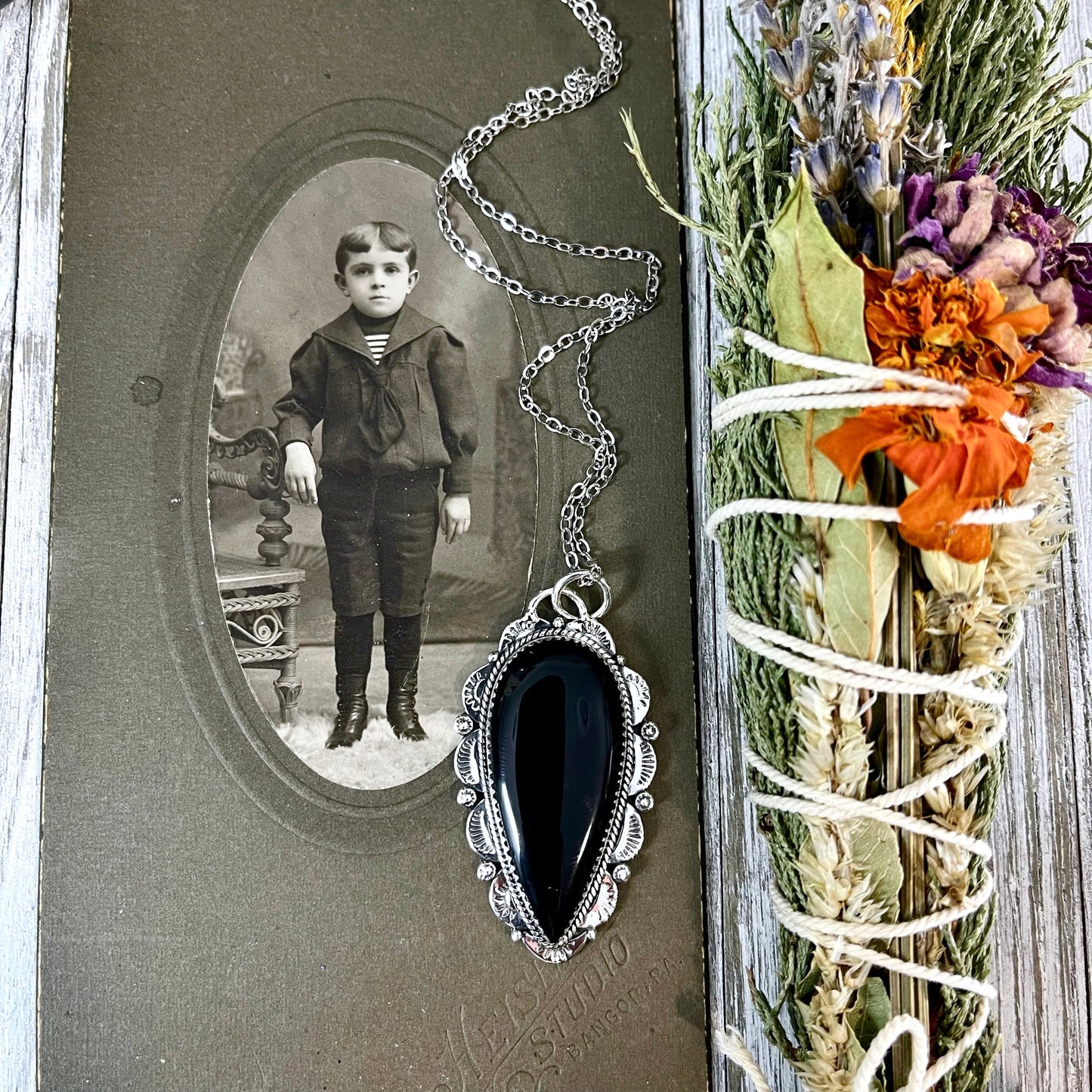 Black Onyx Crystal Teardrop Necklace in Sterling Silver  -Designed by FOXLARK Collection / Witchy Necklace Goth Jewelry.