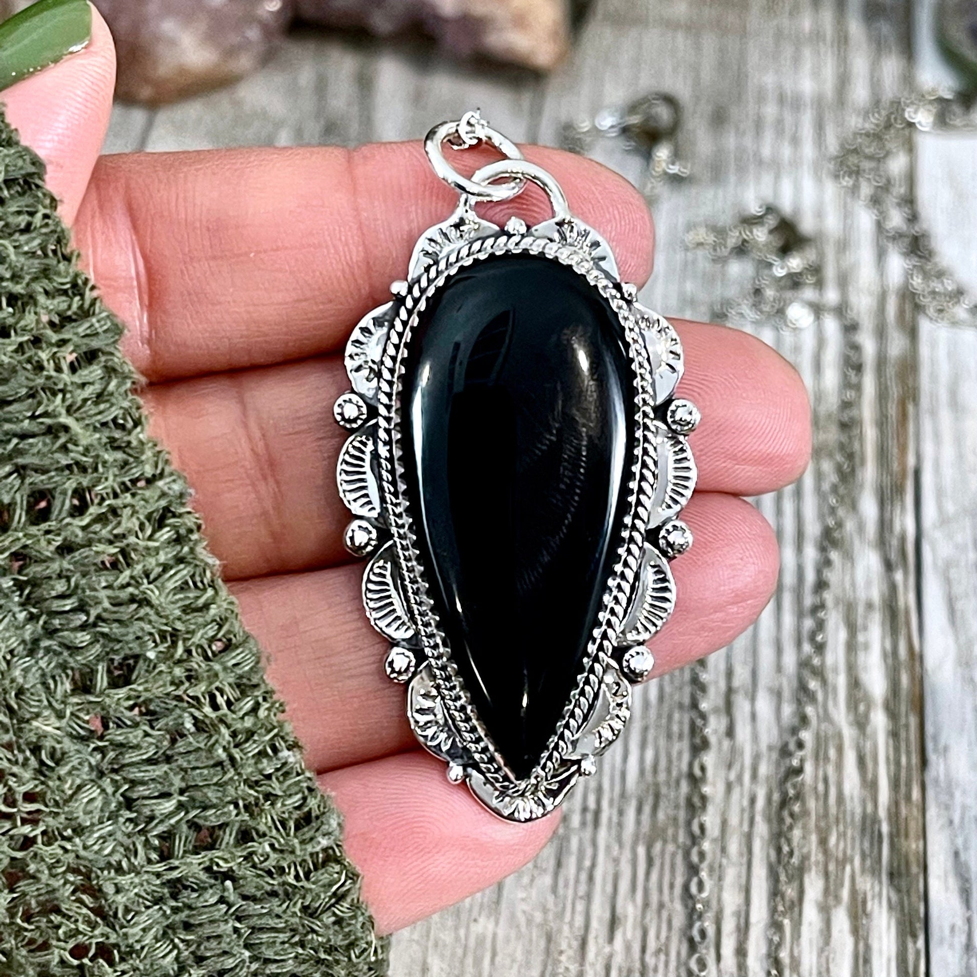 Black Onyx Crystal Teardrop Necklace in Sterling Silver  -Designed by FOXLARK Collection / Witchy Necklace Goth Jewelry.