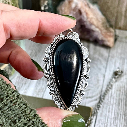 Black Onyx Crystal Teardrop Necklace in Sterling Silver  -Designed by FOXLARK Collection / Witchy Necklace Goth Jewelry.