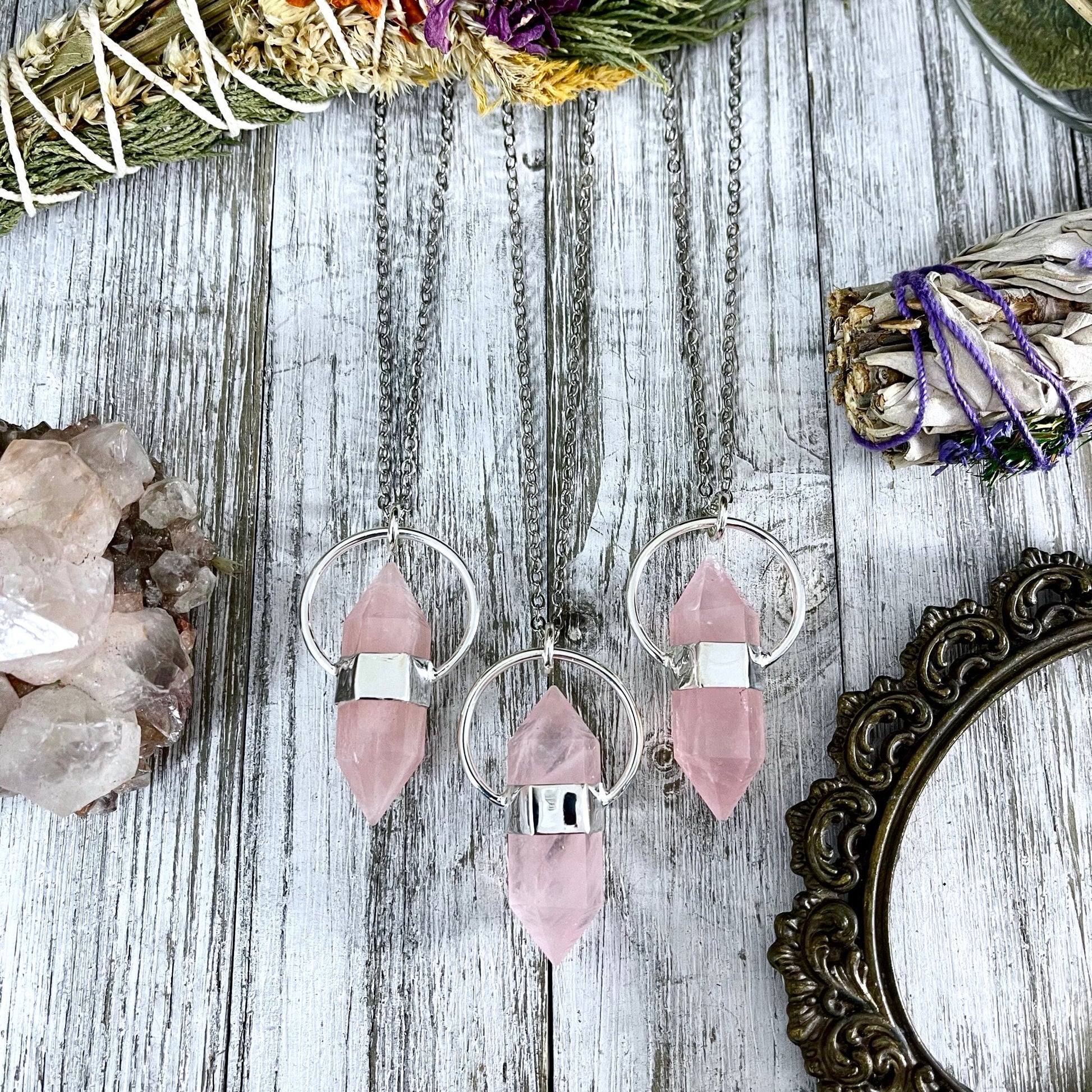 Rose Quartz Crystal Point Necklace in Sterling Silver  -Designed by FOXLARK Collection / Witchy Necklace Goth Jewelry.