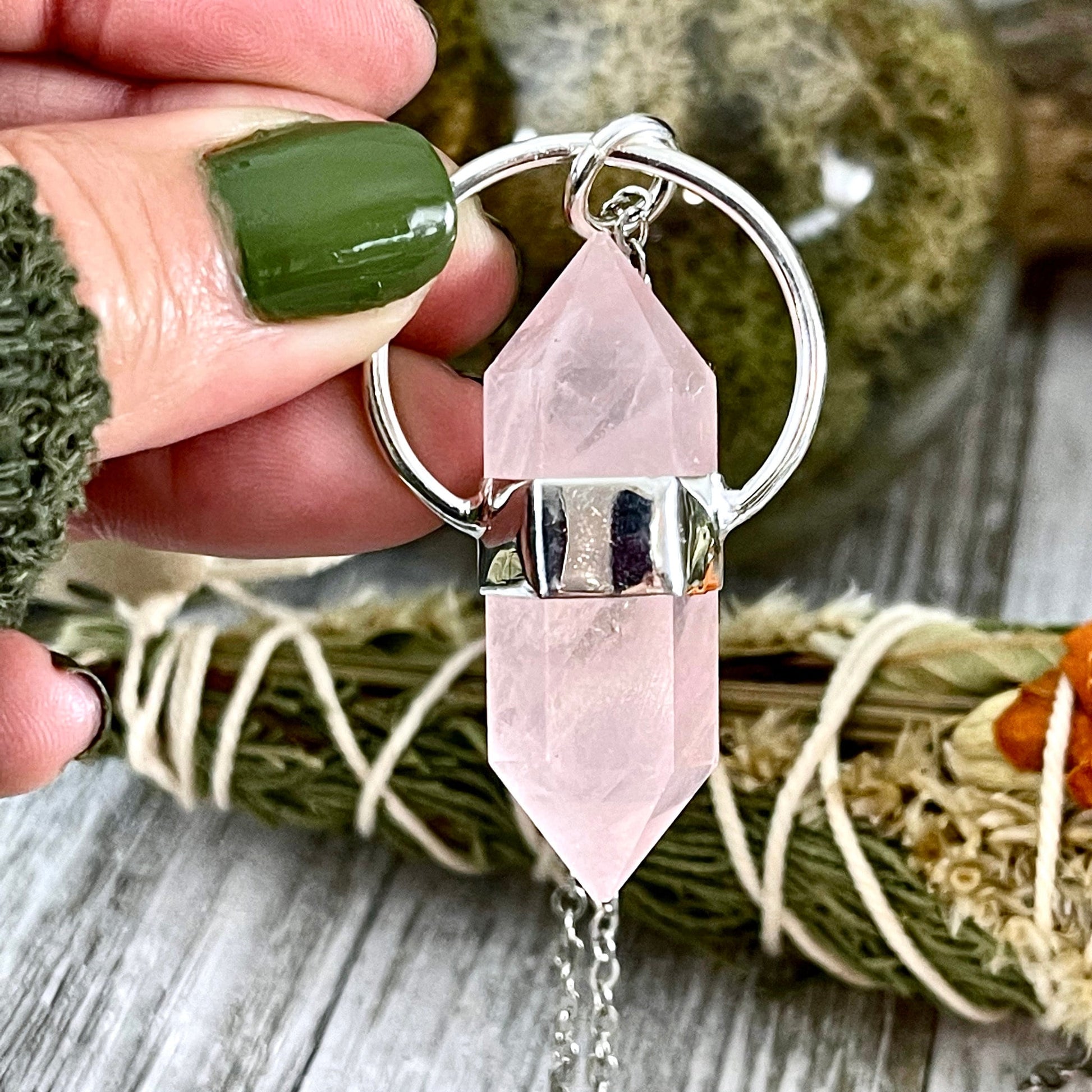 Rose Quartz Crystal Point Necklace in Sterling Silver  -Designed by FOXLARK Collection / Witchy Necklace Goth Jewelry.