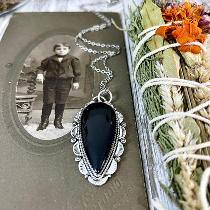 Black Onyx Crystal Teardrop Necklace in Sterling Silver  -Designed by FOXLARK Collection / Witchy Necklace Goth Jewelry.