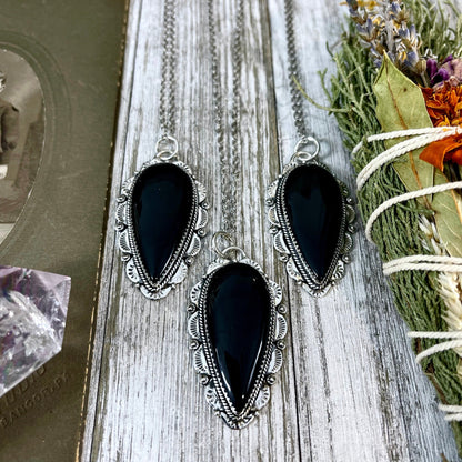 Black Onyx Crystal Teardrop Necklace in Sterling Silver  -Designed by FOXLARK Collection / Witchy Necklace Goth Jewelry.