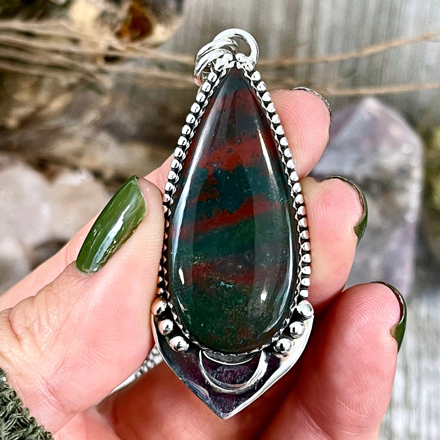 Midnight Moon Necklace - Bloodstone Crystal Teardrop Necklace in Sterling Silver -Designed by FOXLARK Collection/ Witchy Crystal Necklace