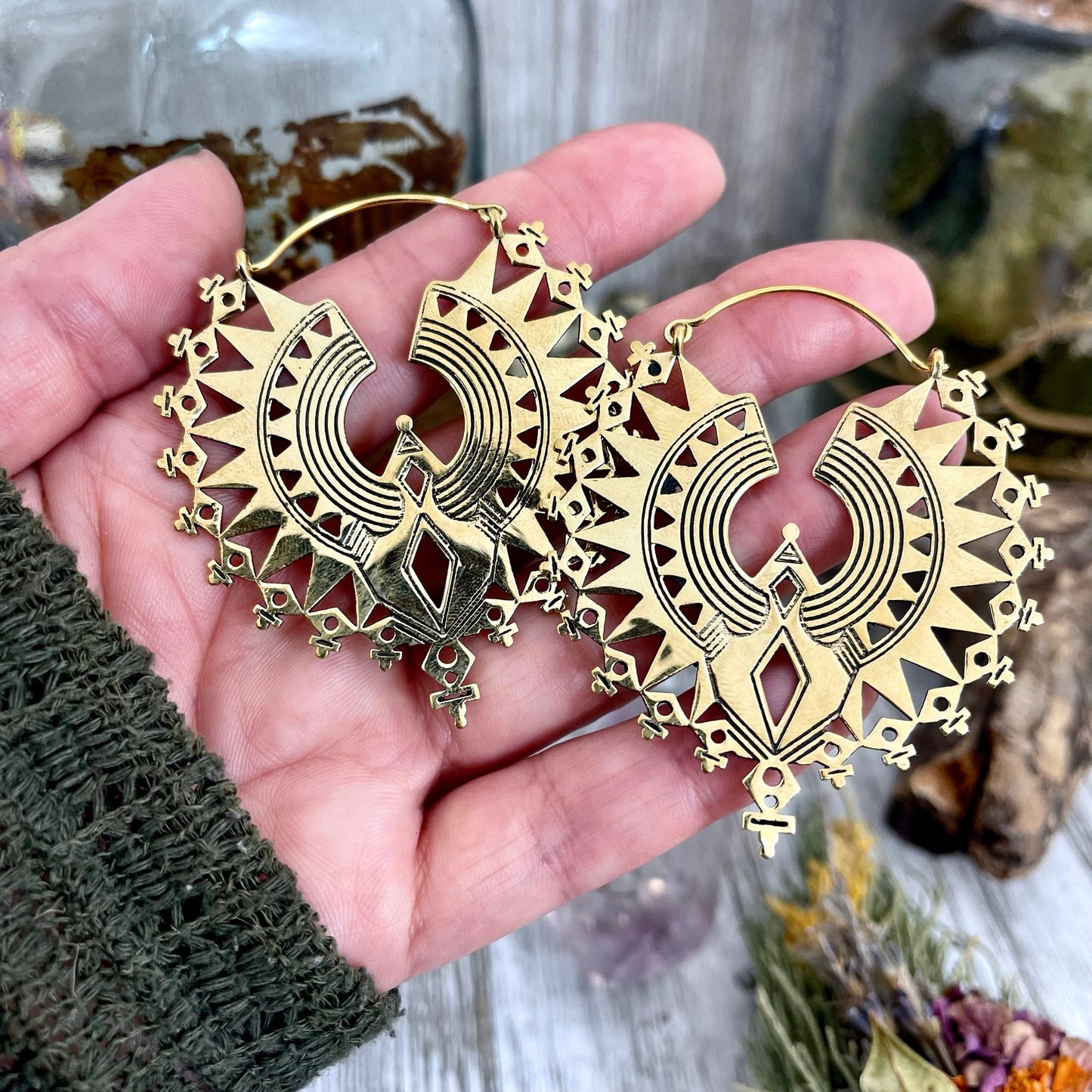 Large Brass Decorated Hoop Earrings.