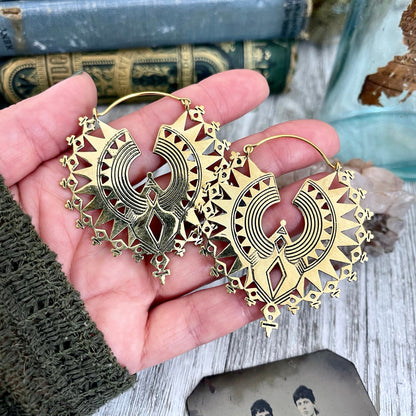 Large Brass Decorated Hoop Earrings.