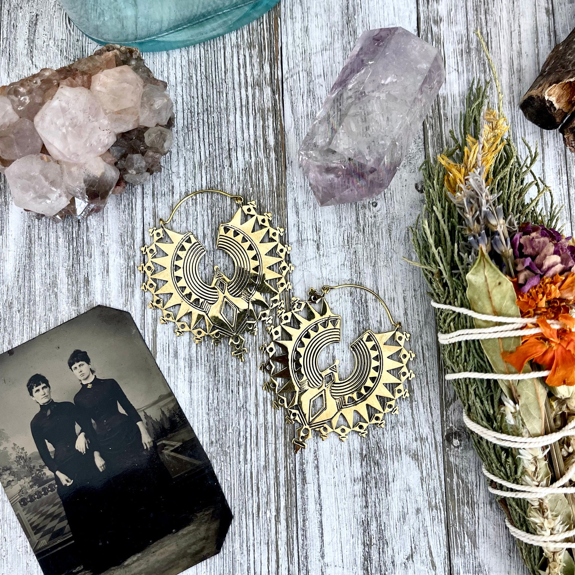 Large Brass Decorated Hoop Earrings.