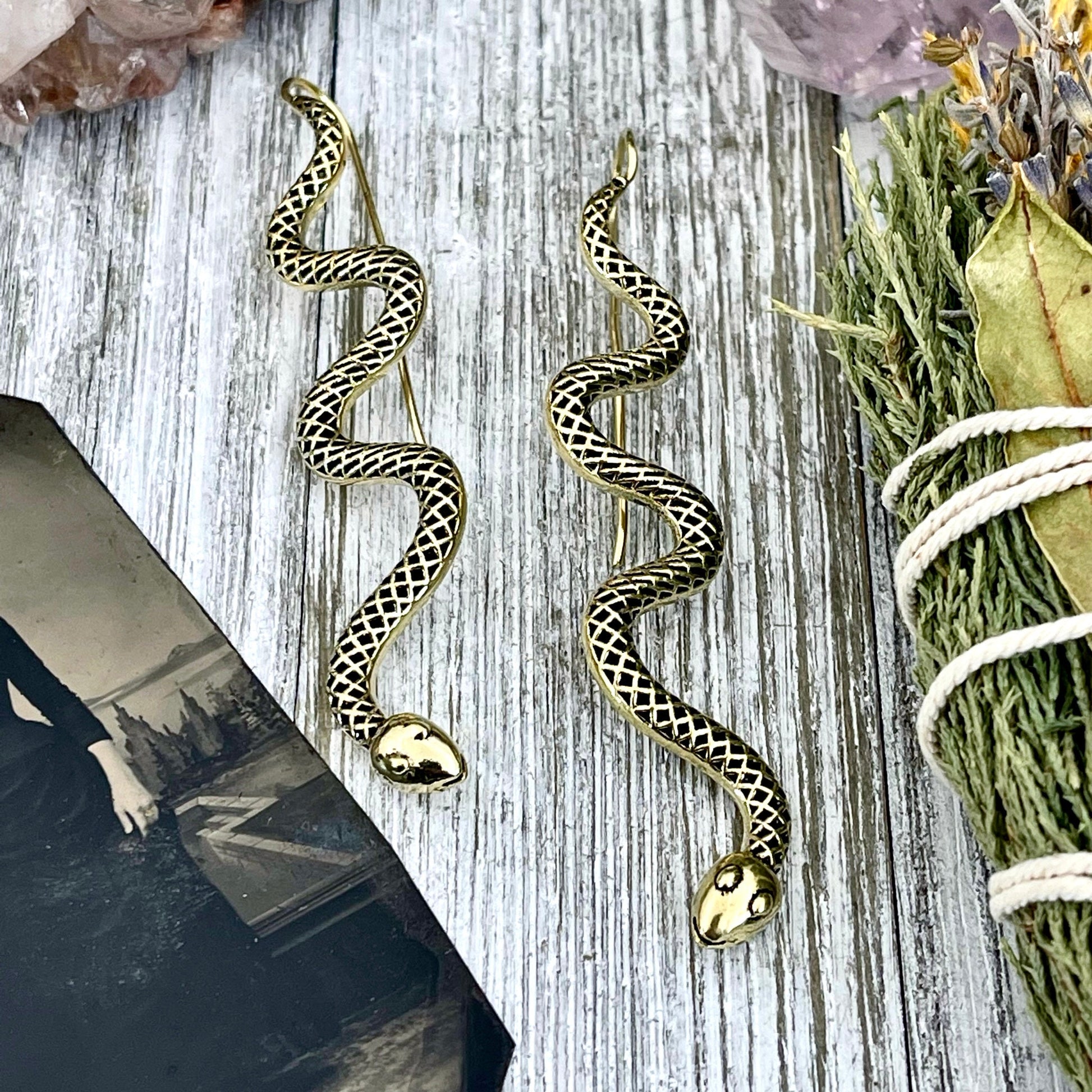 Long Large Brass Serpent / Snake Earrings.