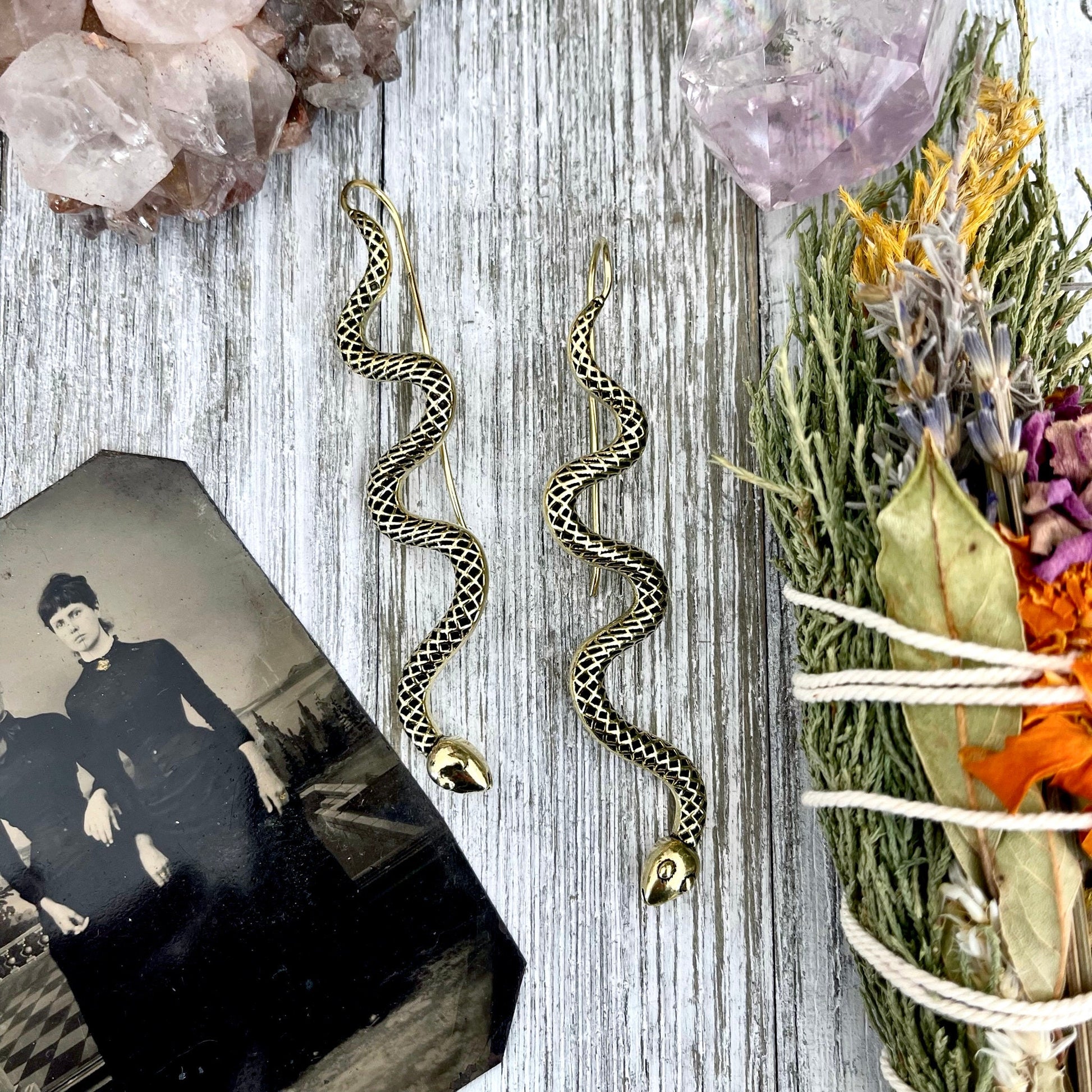 Long Large Brass Serpent / Snake Earrings.